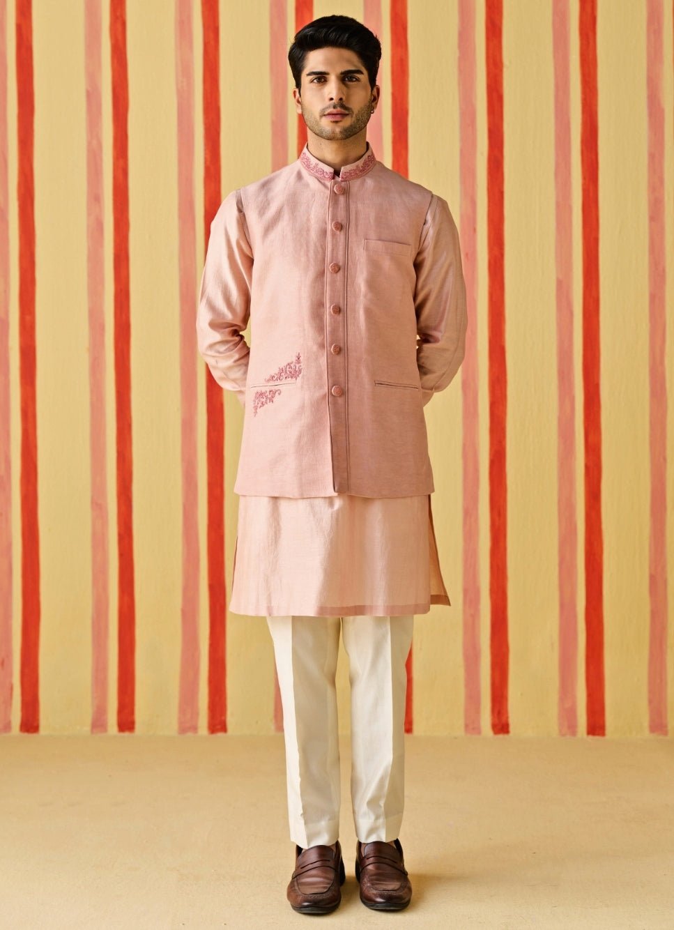 Studio Bagechaa - Men Rose Pink Linen Satin Nehru Jacket SetFabilicious Fashion