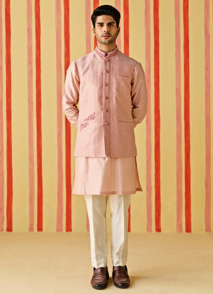 Studio Bagechaa - Men Rose Pink Linen Satin Nehru Jacket SetFabilicious Fashion