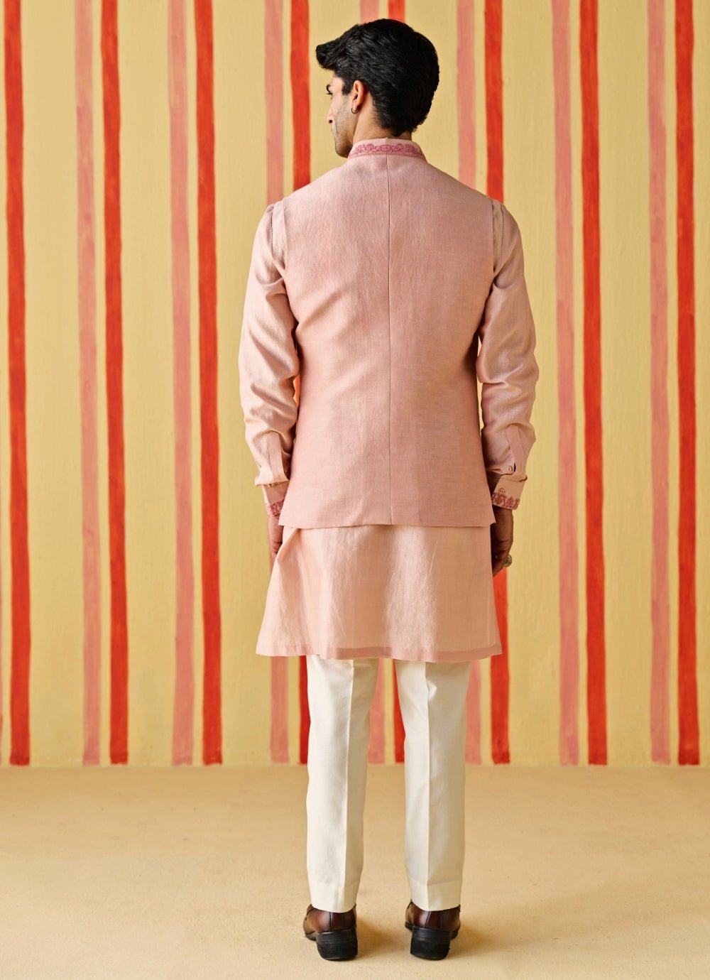 Studio Bagechaa - Men Rose Pink Linen Satin Nehru Jacket SetFabilicious Fashion