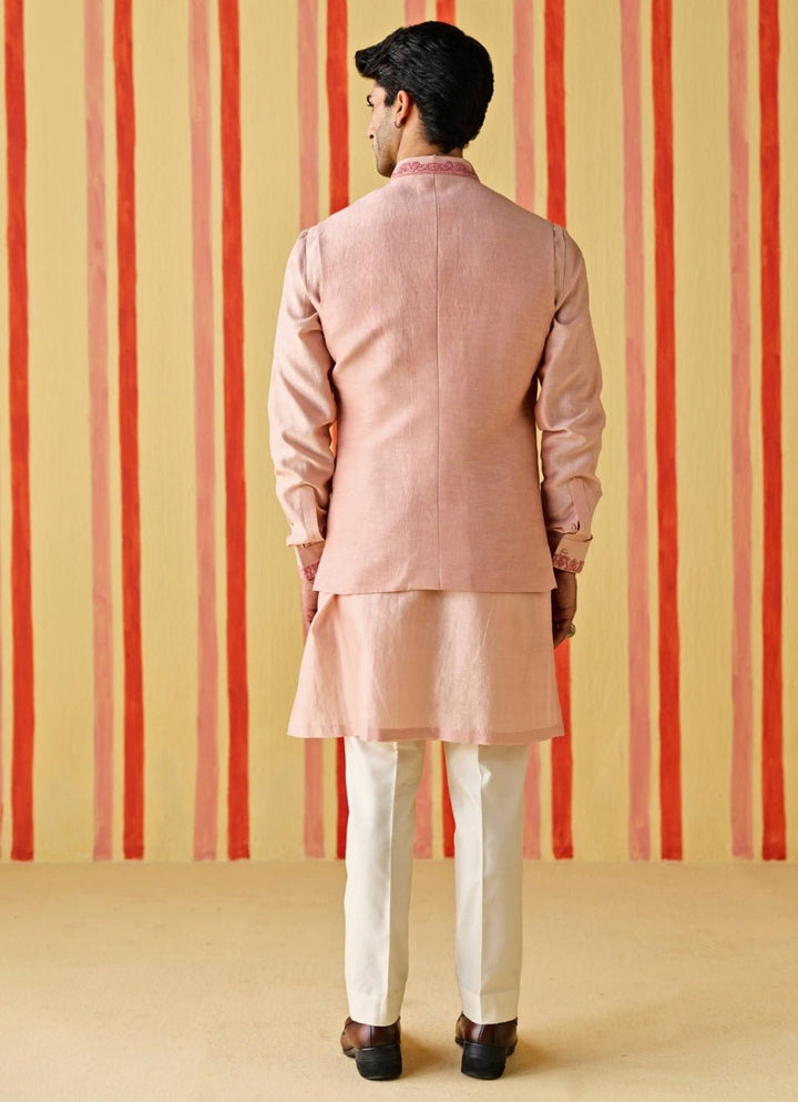 Studio Bagechaa - Men Rose Pink Linen Satin Nehru Jacket SetFabilicious Fashion