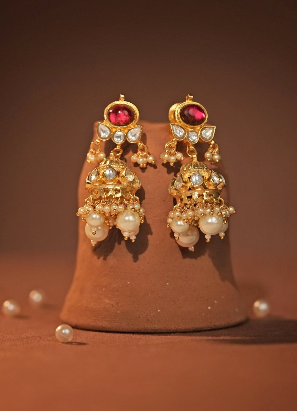 Rose Pink Matte Gold Jhumki Earrings Riana Jewellery - Fabilicious Fashion