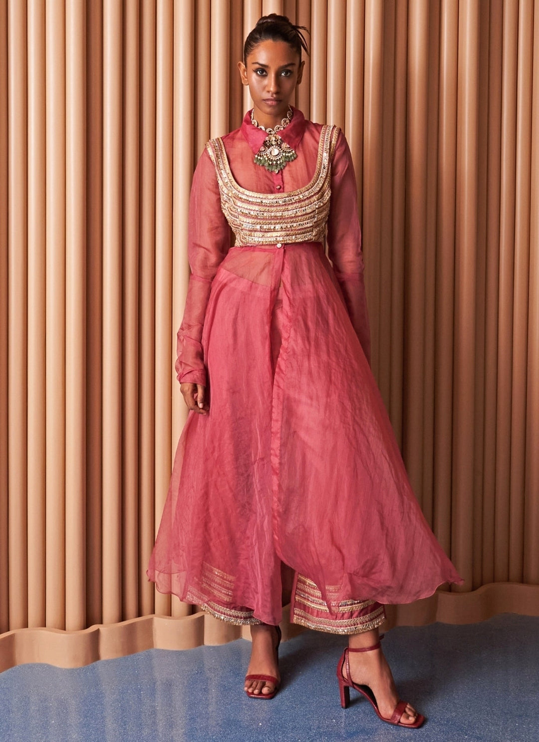 Rishi and Vibhuti Rose Pink Organza Pant Set With CapeFabilicious Fashion