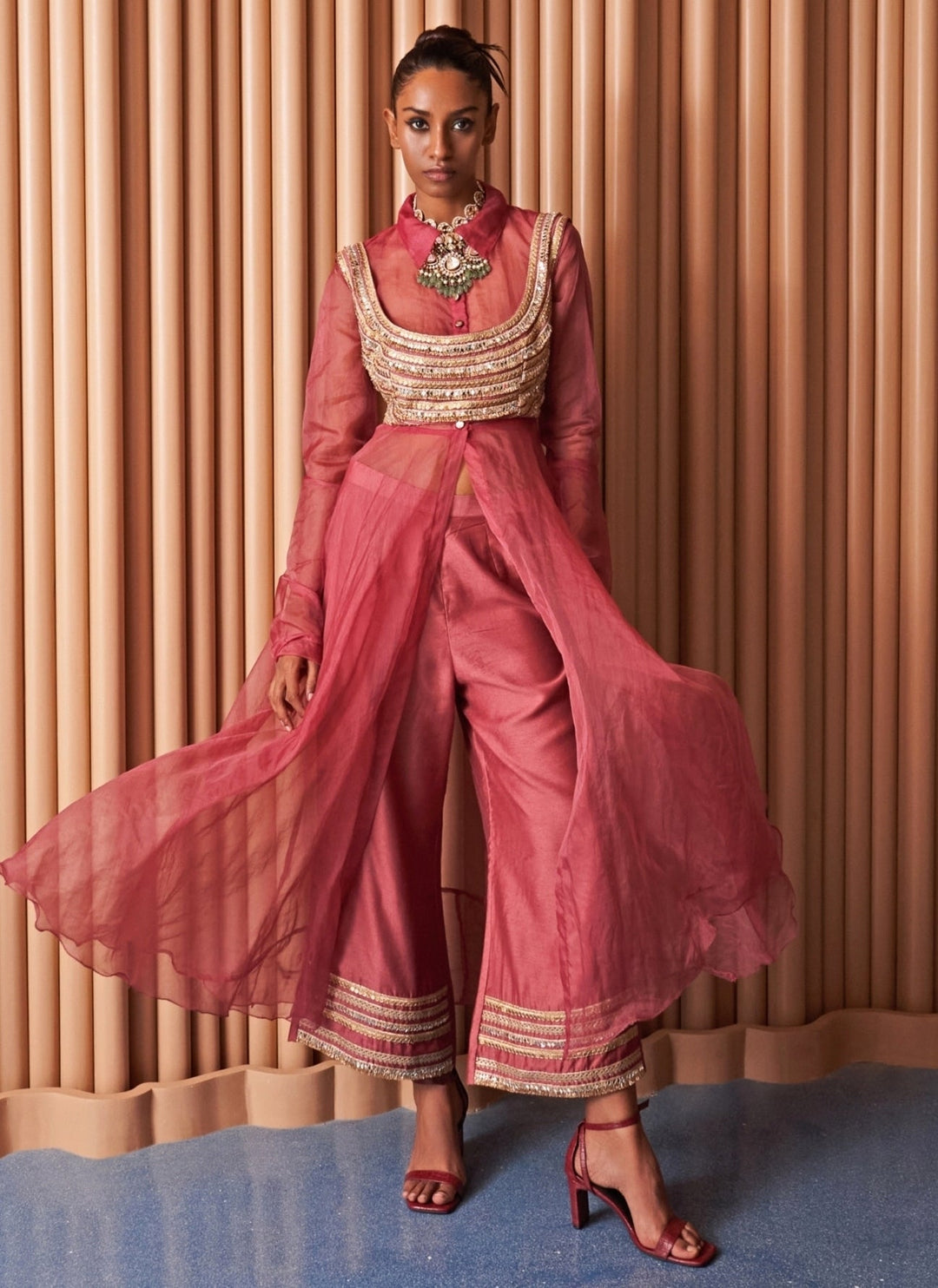 Rishi and Vibhuti Rose Pink Organza Pant Set With CapeFabilicious Fashion