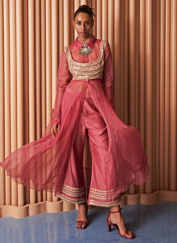 Rishi and Vibhuti Rose Pink Organza Pant Set With CapeFabilicious Fashion
