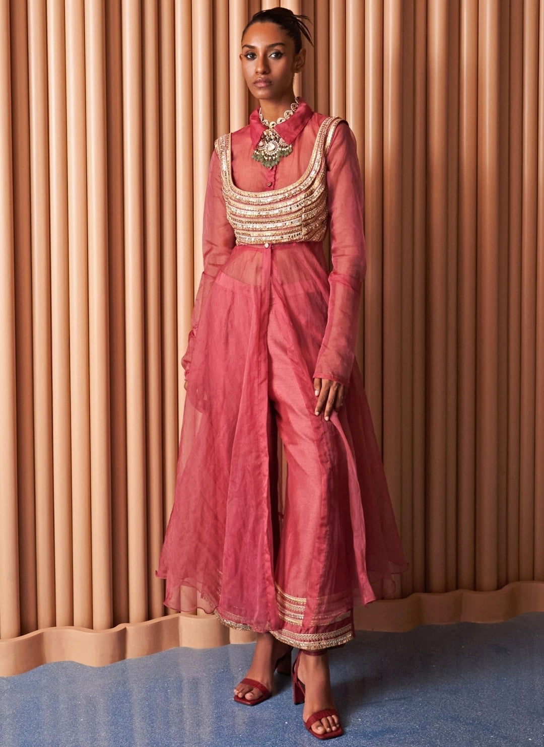 Rishi and Vibhuti Rose Pink Organza Pant Set With CapeFabilicious Fashion