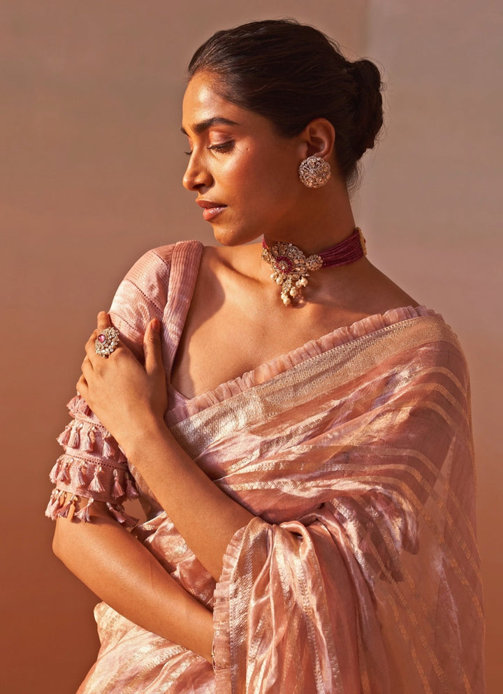 Nitika Gujral Rose Pink Organza Tissue SareeFabilicious Fashion