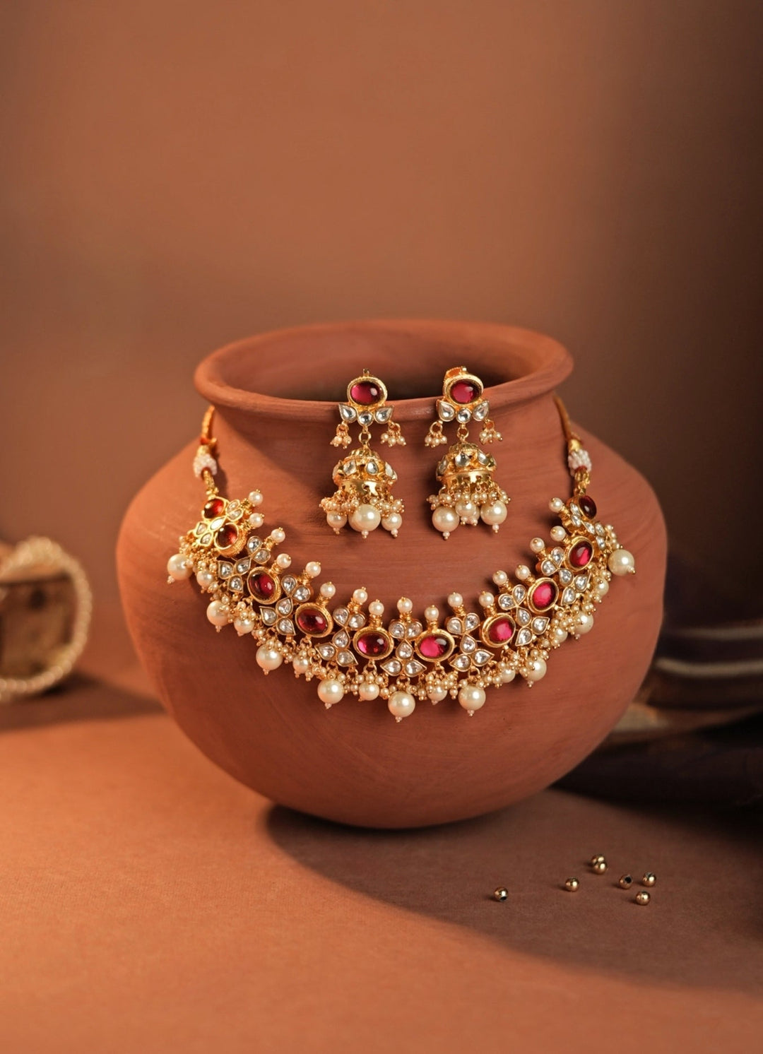 Riana Jewellery Rose Pink Pearl Beaded Matte Gold Choker SetFabilicious Fashion