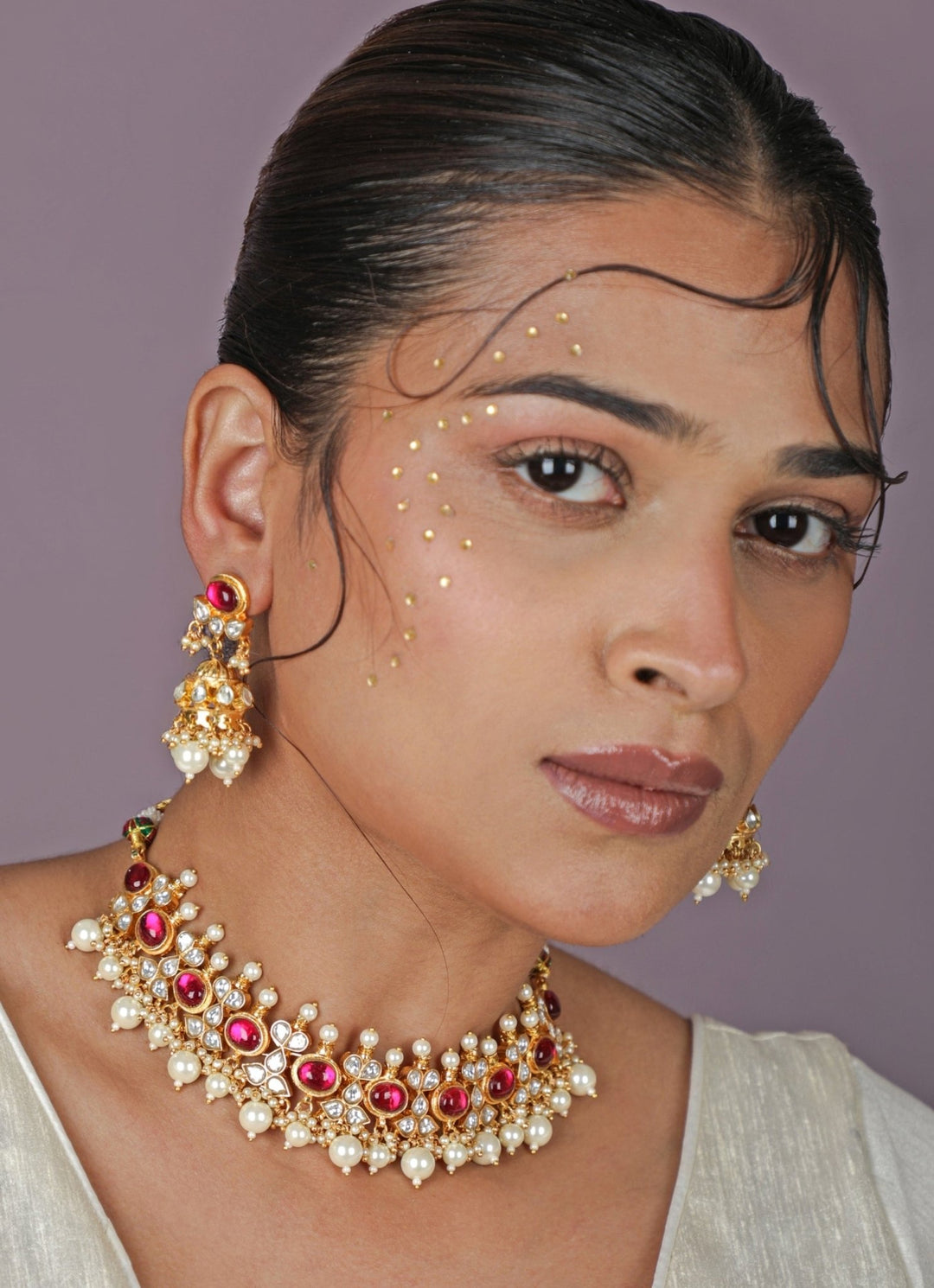 Riana Jewellery Rose Pink Pearl Beaded Matte Gold Choker SetFabilicious Fashion