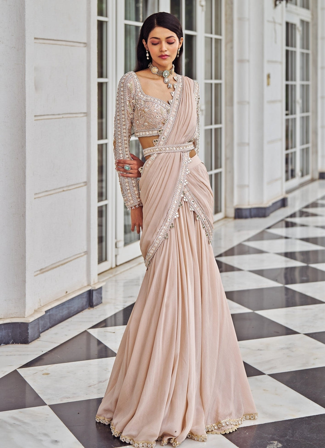 Rose Pink Sequinned Mermaid Lehenga Saree Set Nidhika Shekar - Fabilicious Fashion