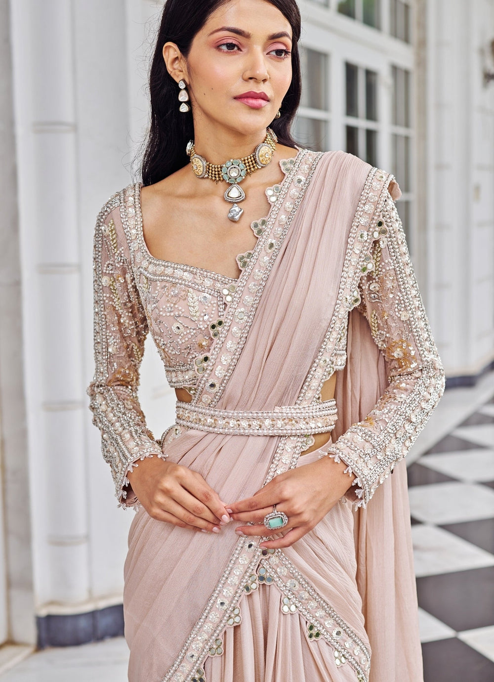 Rose Pink Sequinned Mermaid Lehenga Saree Set Nidhika Shekar - Fabilicious Fashion