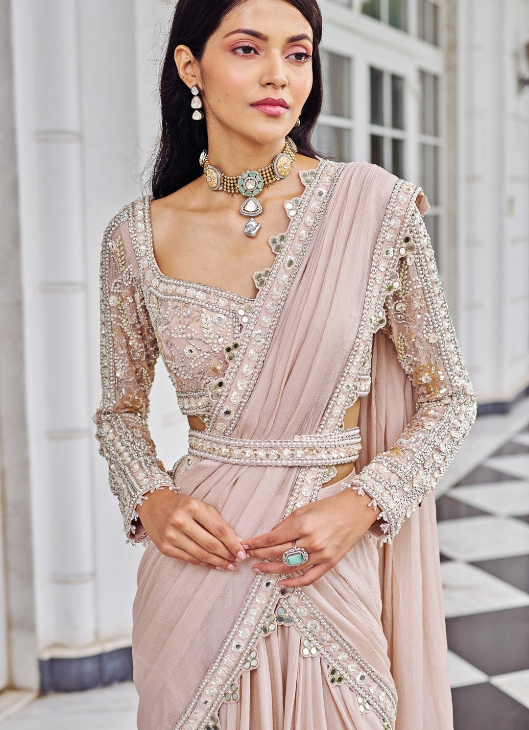 Rose Pink Sequinned Mermaid Lehenga Saree Set Nidhika Shekar - Fabilicious Fashion