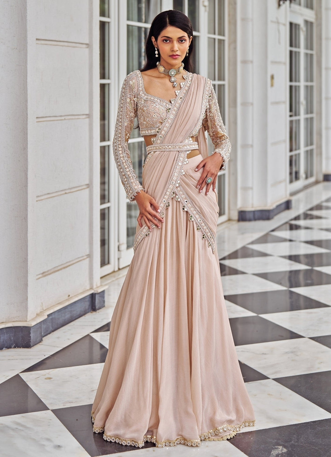 Rose Pink Sequinned Mermaid Lehenga Saree Set Nidhika Shekar - Fabilicious Fashion