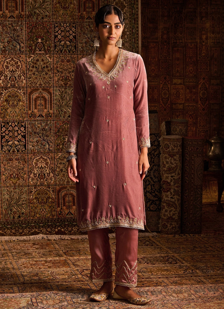 Zoon Tribe Rose Pink Silk Velvet Kurta Pants SetFabilicious Fashion