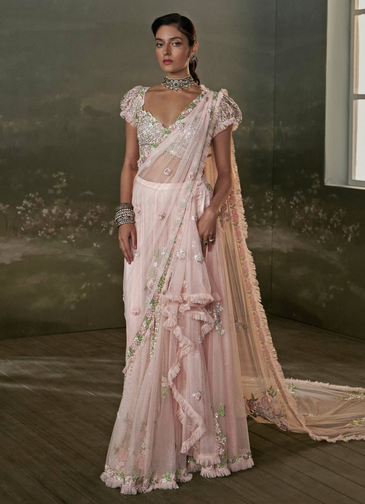 Rose Pink Soft Net Pre - Draped Saree With Trail Nitika Gujral - Fabilicious Fashion