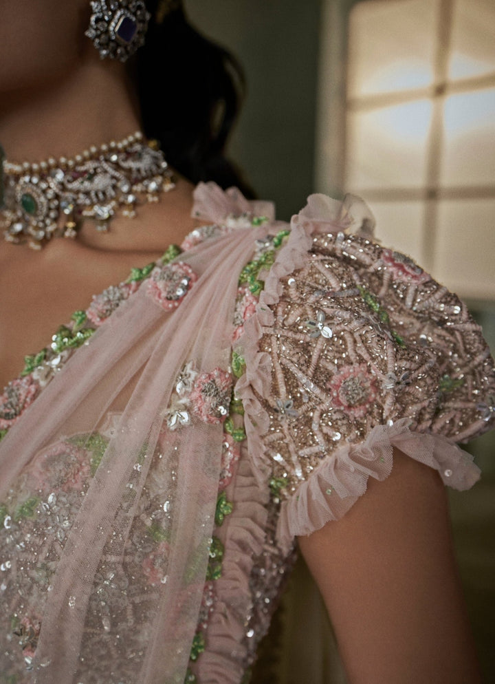 Rose Pink Soft Net Pre - Draped Saree With Trail Nitika Gujral - Fabilicious Fashion