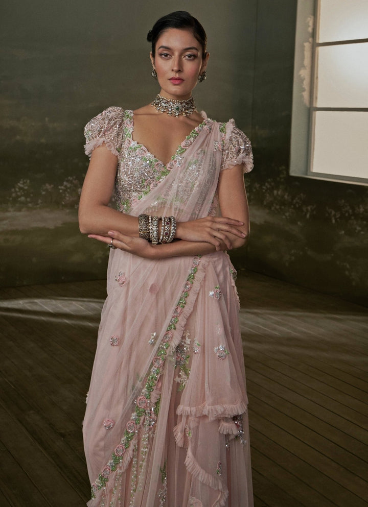 Rose Pink Soft Net Pre - Draped Saree With Trail Nitika Gujral - Fabilicious Fashion