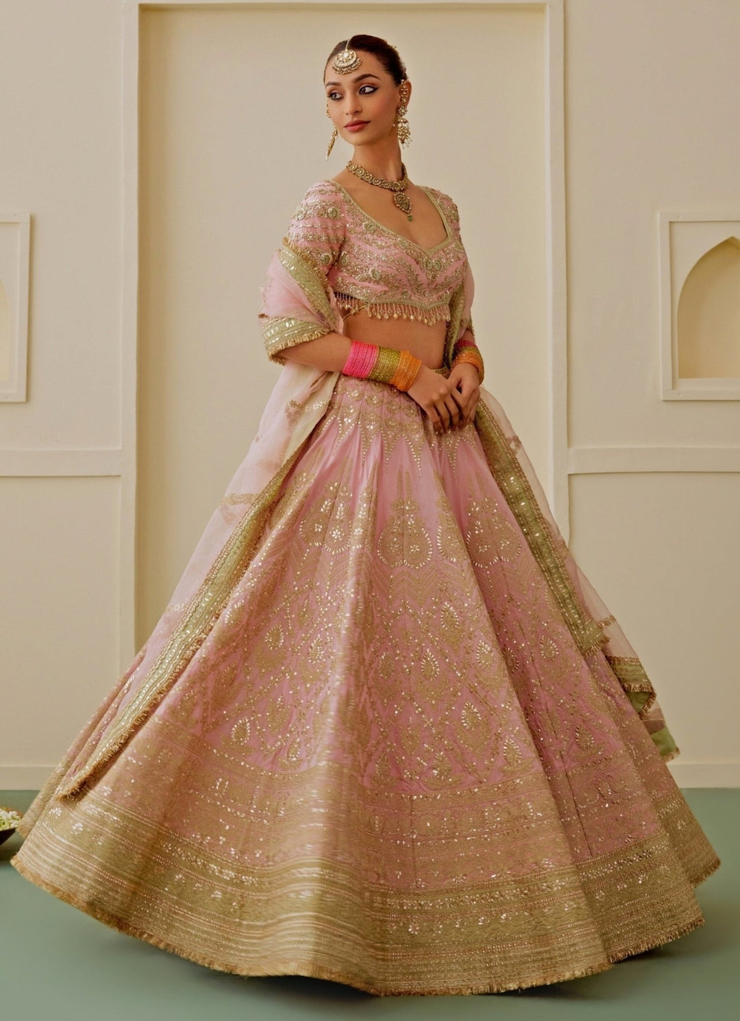 Gopi Vaid Rose Pink Tussar Bridal Lehenga SetFabilicious Fashion