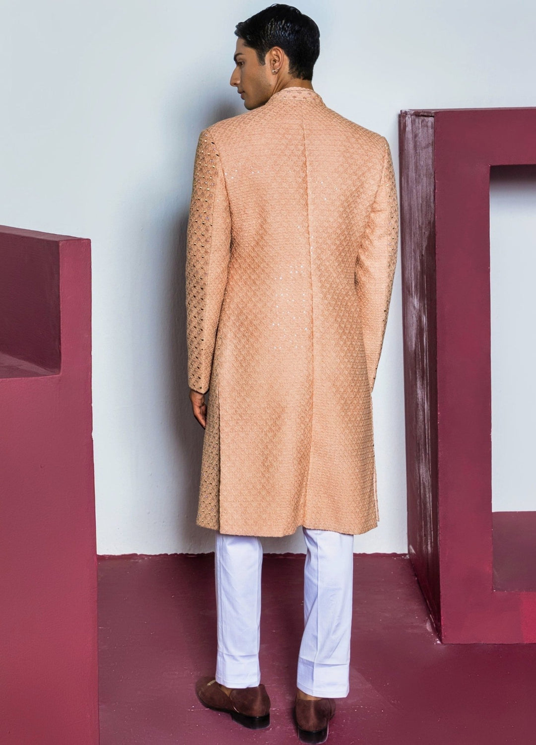 Rose Pink Zari Work Sherwani Set Contrast By Parth - Fabilicious Fashion