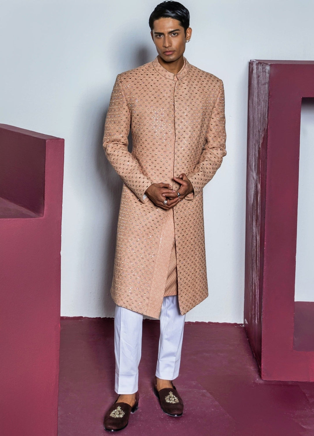 Rose Pink Zari Work Sherwani Set Contrast By Parth - Fabilicious Fashion