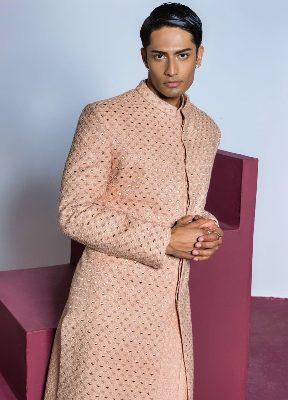 Rose Pink Zari Work Sherwani Set Contrast By Parth - Fabilicious Fashion