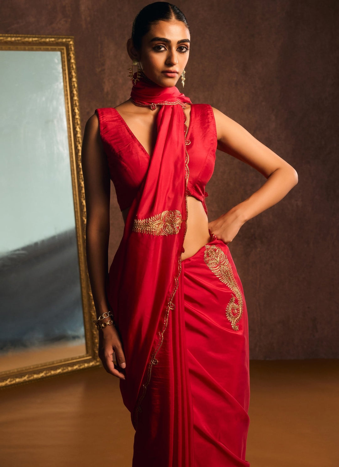 Rouge Red Pure Silk Embroidered Saree Kapardara - Fabilicious Fashion