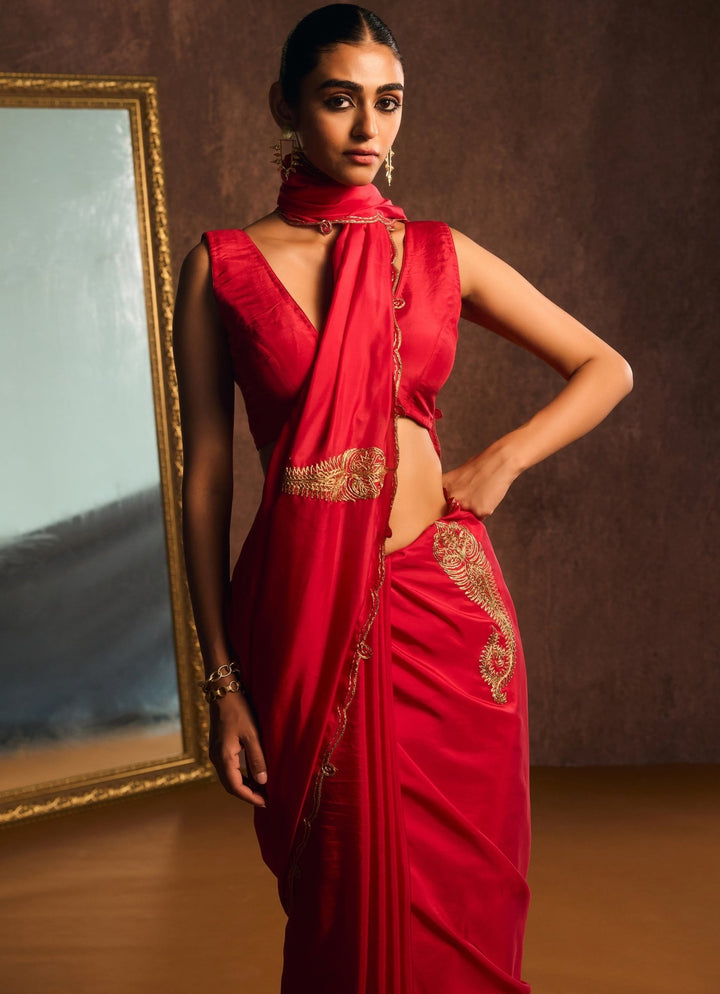 Rouge Red Pure Silk Embroidered Saree Kapardara - Fabilicious Fashion