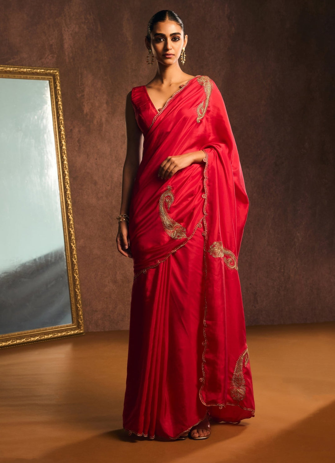 Rouge Red Pure Silk Embroidered Saree Kapardara - Fabilicious Fashion