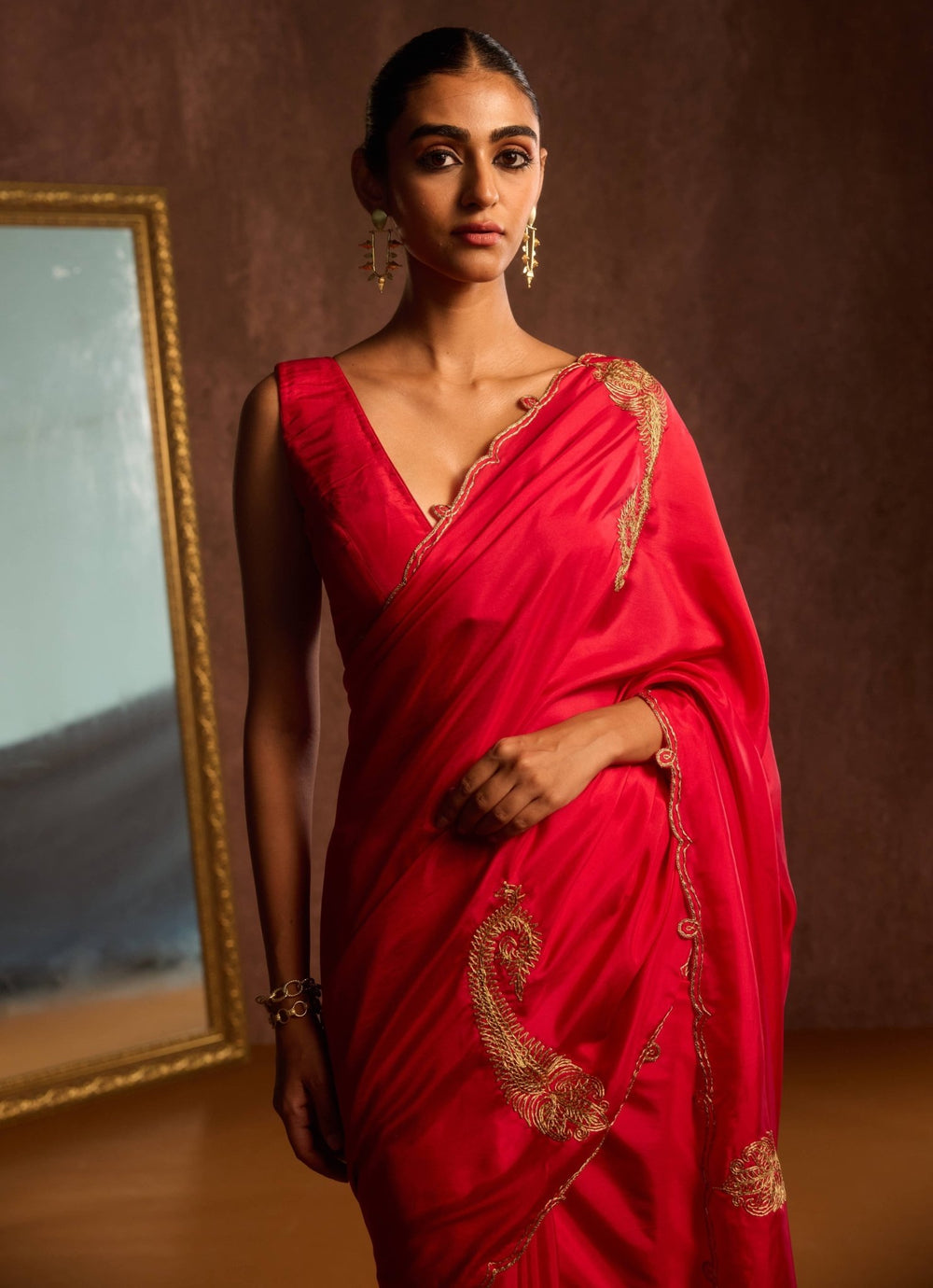 Rouge Red Pure Silk Embroidered Saree Kapardara - Fabilicious Fashion