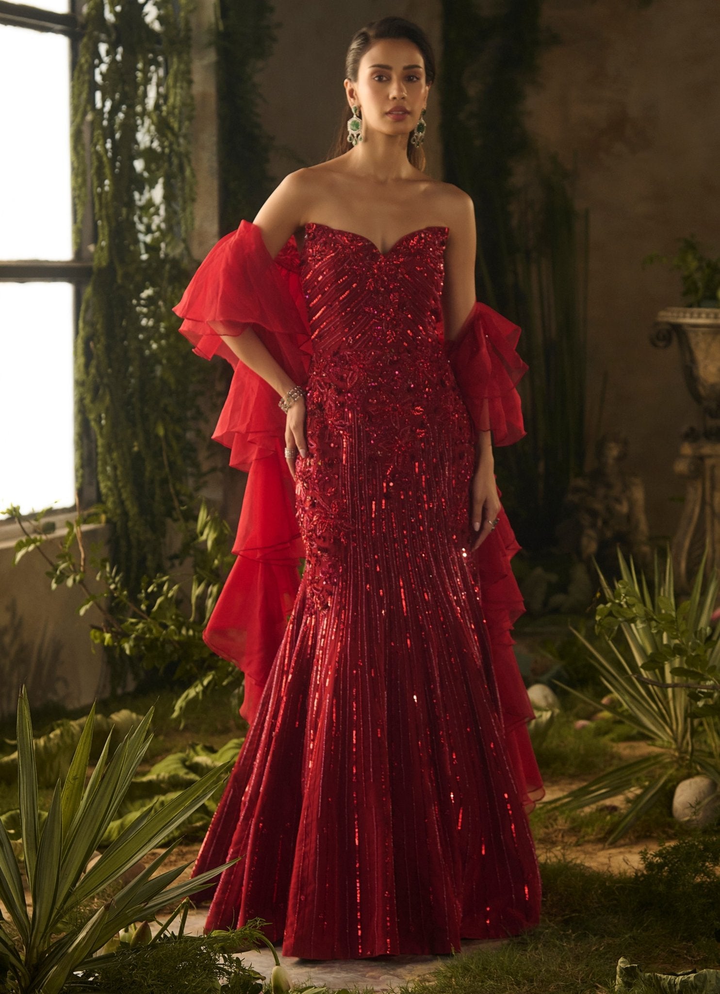 Rouge red sequinned indo-western gown with ruffled dupatta for the reception — bride-to-be by Parul Gandhi
