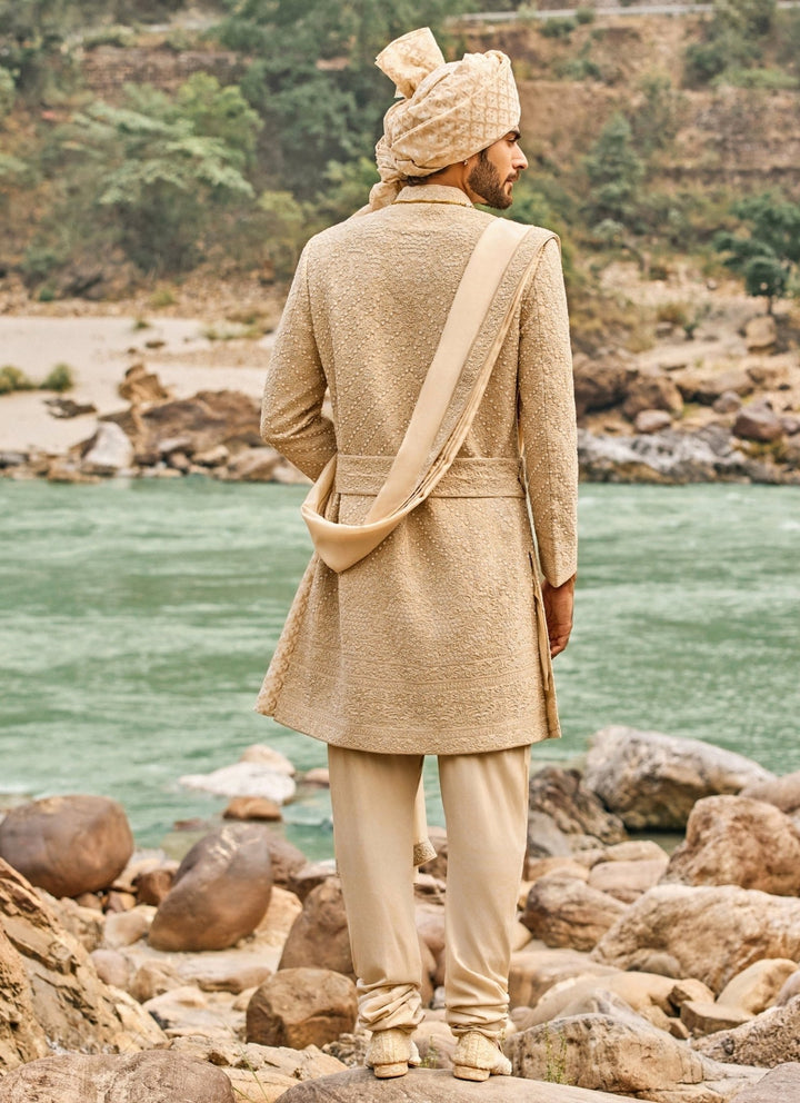 Nitika Gujral - Men Royal Beige Raw Silk Sherwani SetFabilicious Fashion