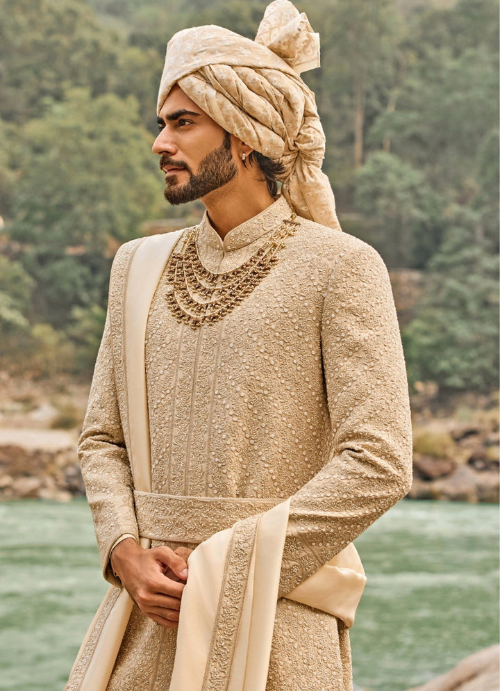 Nitika Gujral - Men Royal Beige Raw Silk Sherwani SetFabilicious Fashion