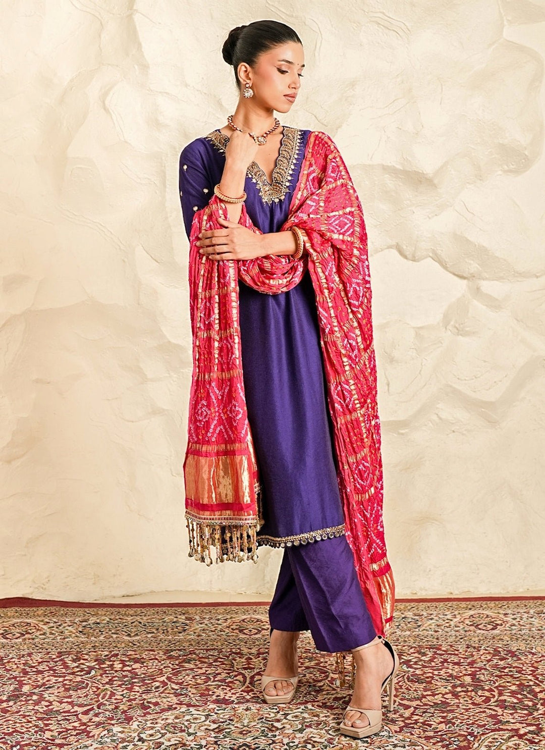 Nidhika Shekhar Royal Blue Chanderi Kurta Pants Set With Pink DupattaFabilicious Fashion