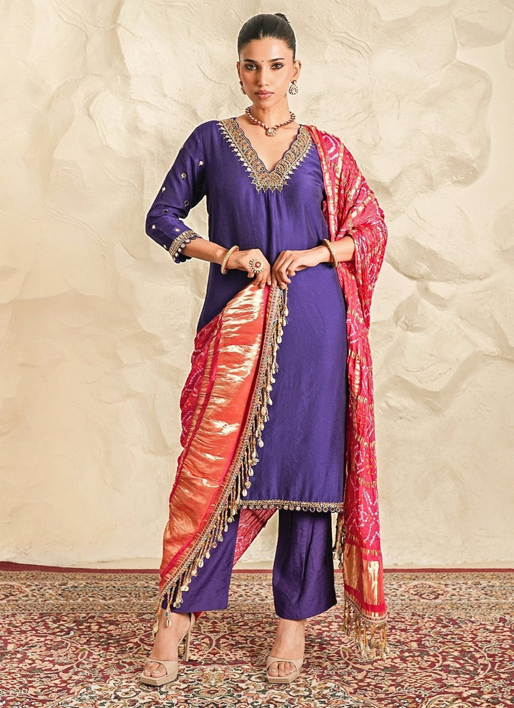 Nidhika Shekhar Royal Blue Chanderi Kurta Pants Set With Pink DupattaFabilicious Fashion