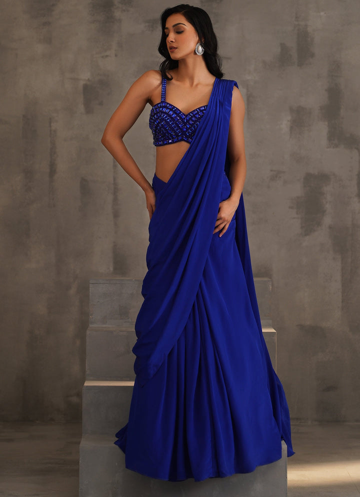 Royal Blue Crepe Crystal Embellished Predraped Saree Deepika Chadha - Fabilicious Fashion