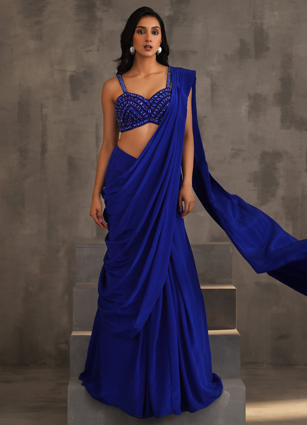Royal Blue Crepe Crystal Embellished Predraped Saree Deepika Chadha - Fabilicious Fashion