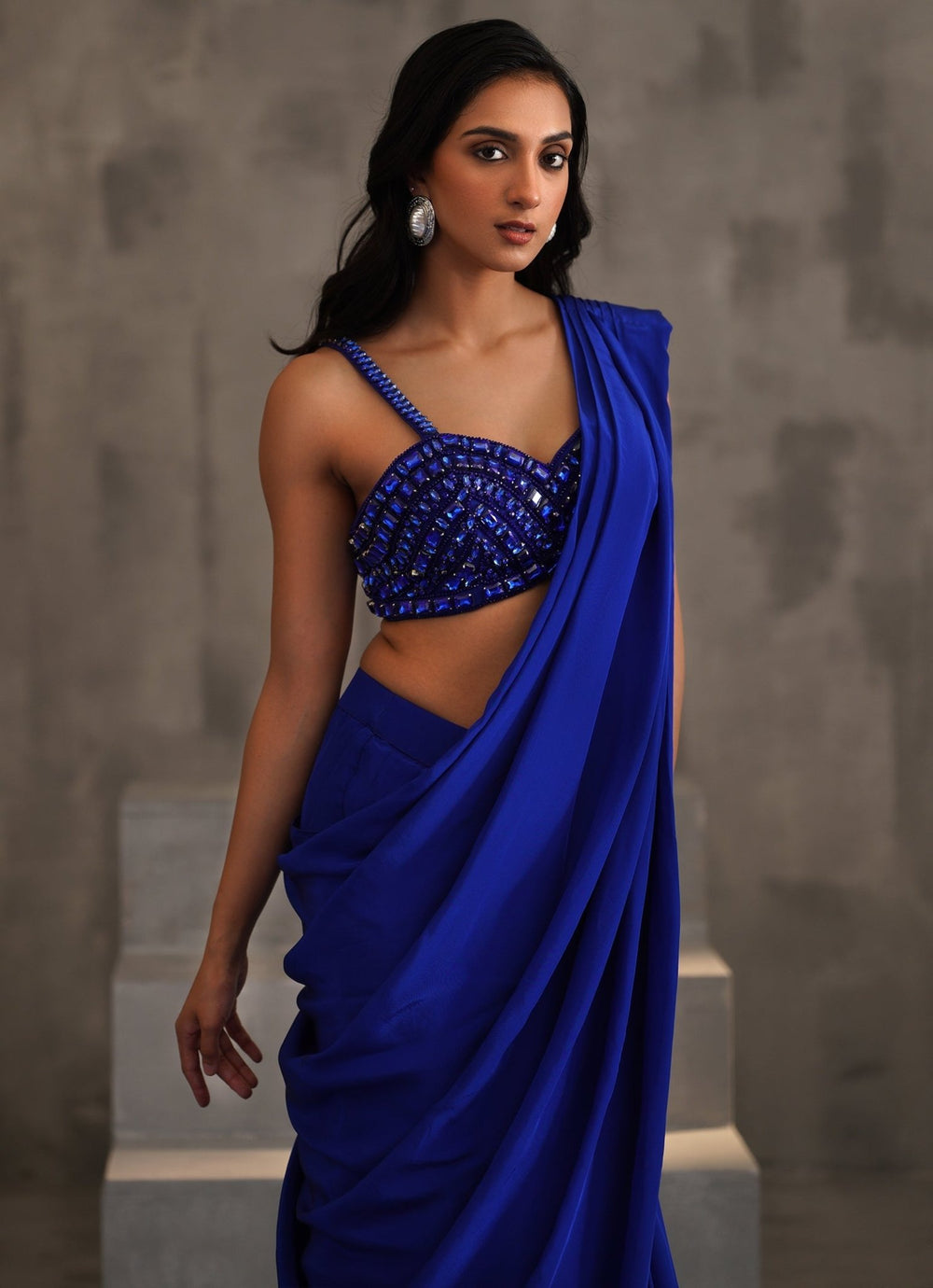 Royal Blue Crepe Crystal Embellished Predraped Saree Deepika Chadha - Fabilicious Fashion