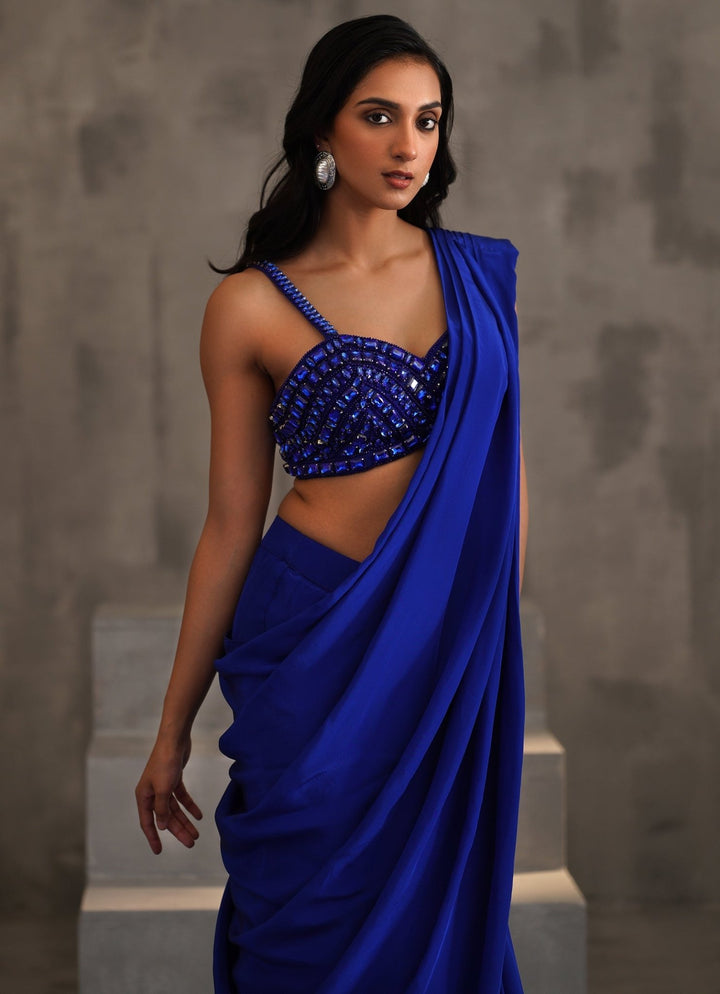 Royal Blue Crepe Crystal Embellished Predraped Saree Deepika Chadha - Fabilicious Fashion