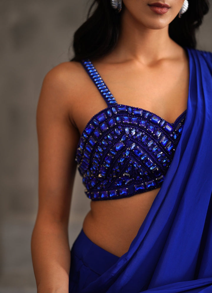 Royal Blue Crepe Crystal Embellished Predraped Saree Deepika Chadha - Fabilicious Fashion