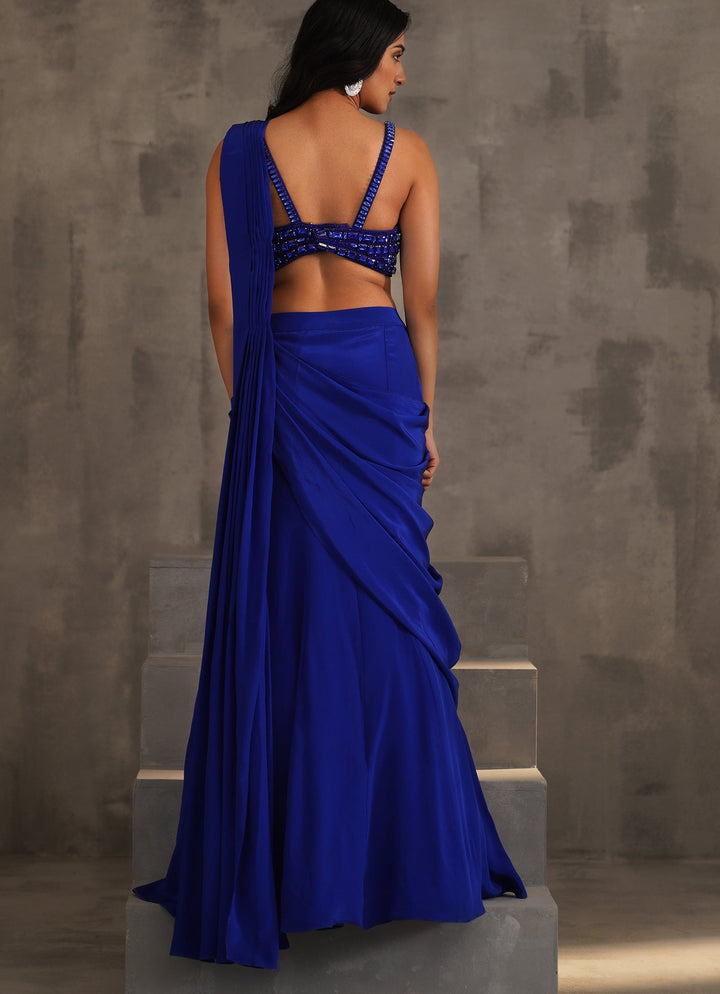 Royal Blue Crepe Crystal Embellished Predraped Saree Deepika Chadha - Fabilicious Fashion
