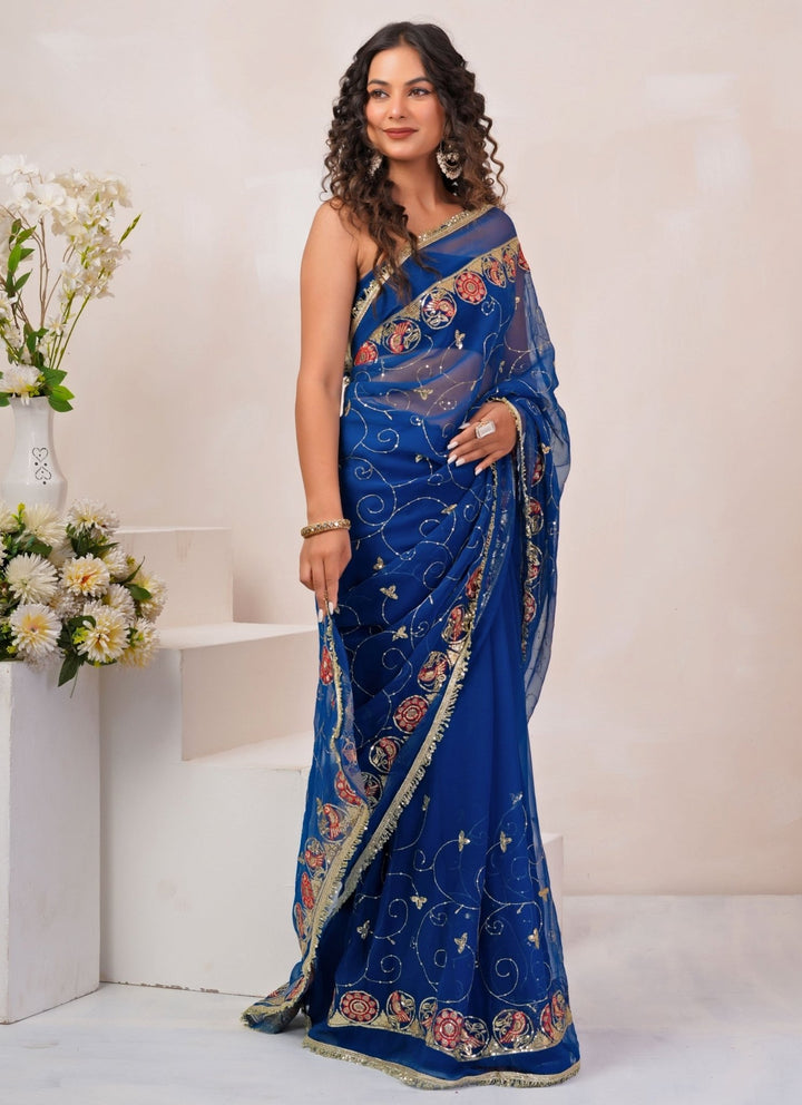 Geroo Jaipur Royal Blue Embroidered Georgette SareeFabilicious Fashion