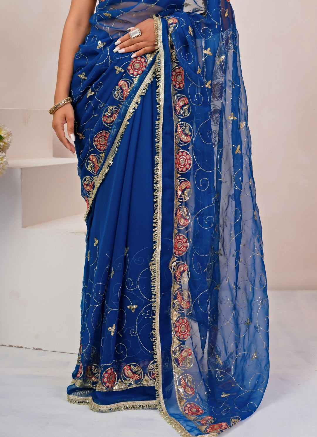 Geroo Jaipur Royal Blue Embroidered Georgette SareeFabilicious Fashion