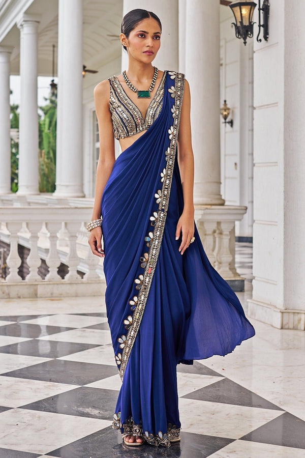 Royal blue mirrorwork crepe pre-draped saree by Nidhika Shekhar