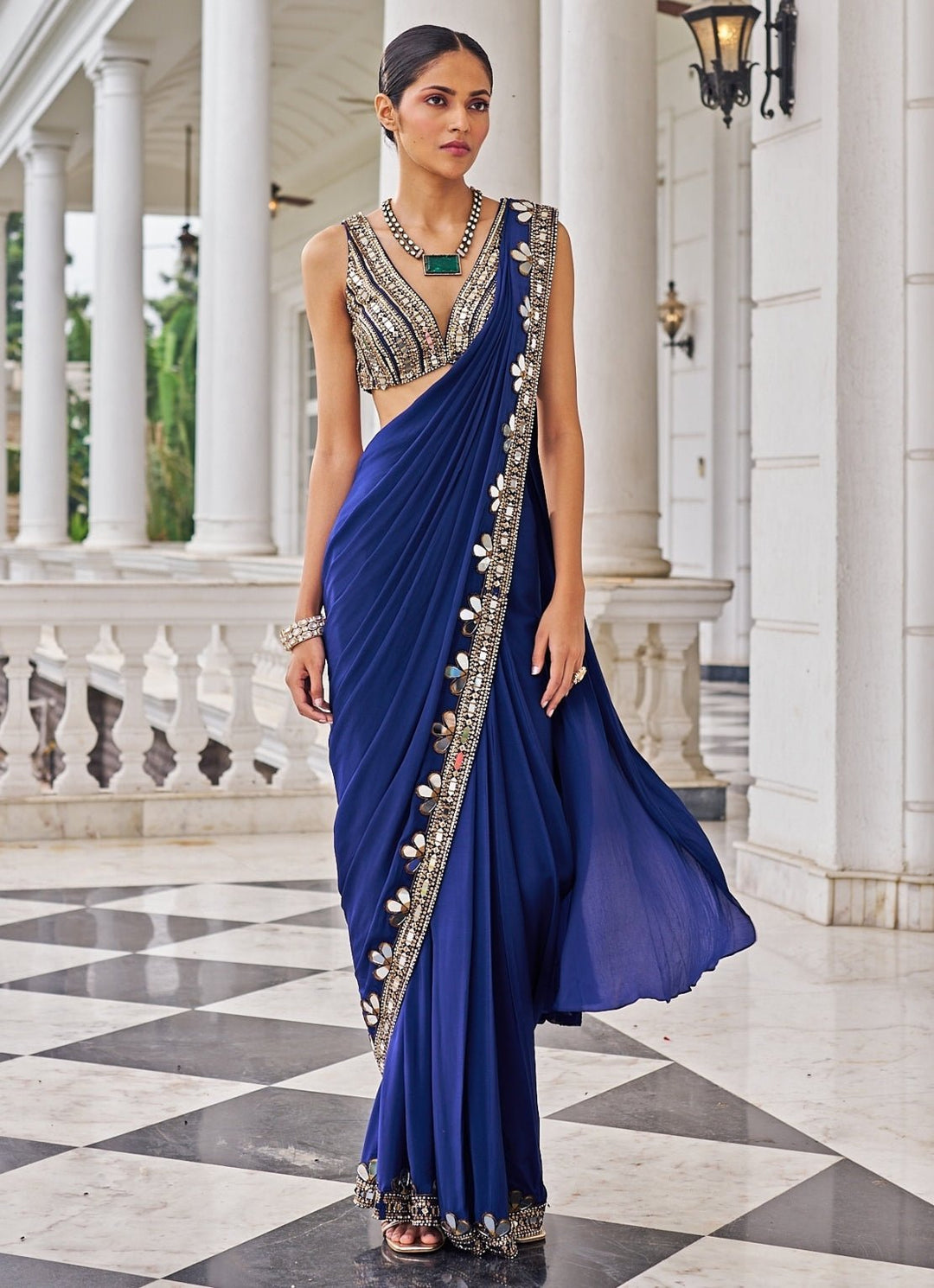 Royal Blue Mirrorwork Crepe Predraped Saree Set Nidhika Shekar - Fabilicious Fashion