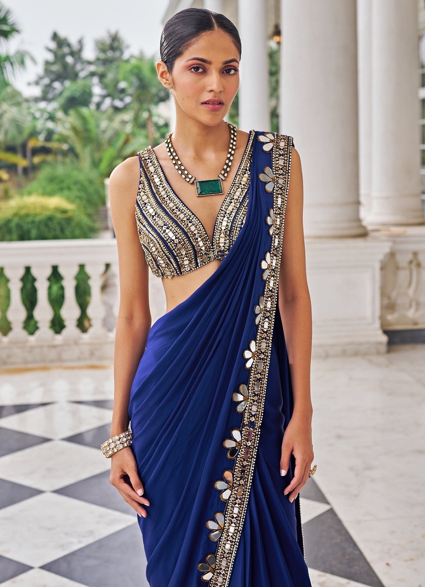 Nidhika Shekhar — Royal Blue Mirrorwork Crepe Predraped Saree