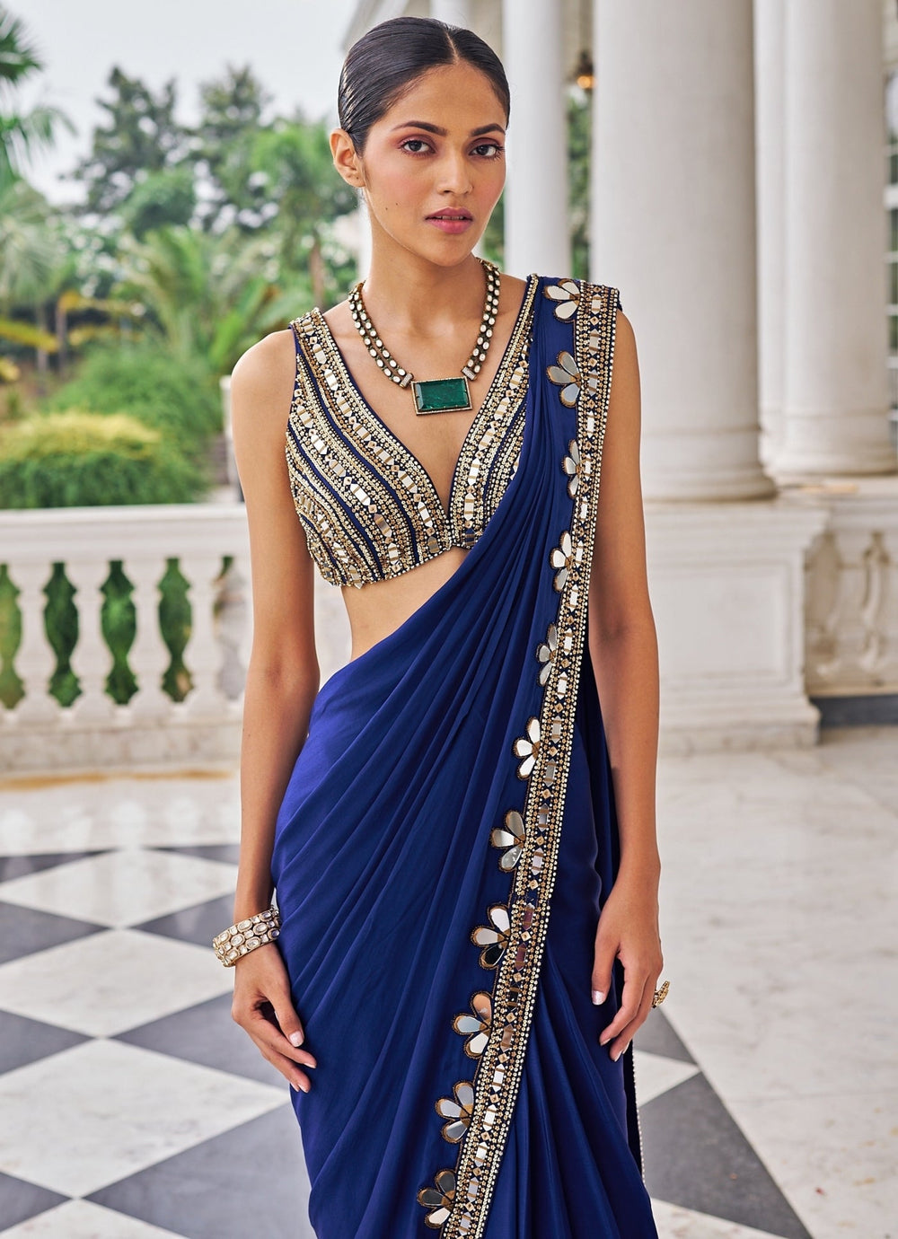 Royal Blue Mirrorwork Crepe Predraped Saree Set Nidhika Shekar - Fabilicious Fashion