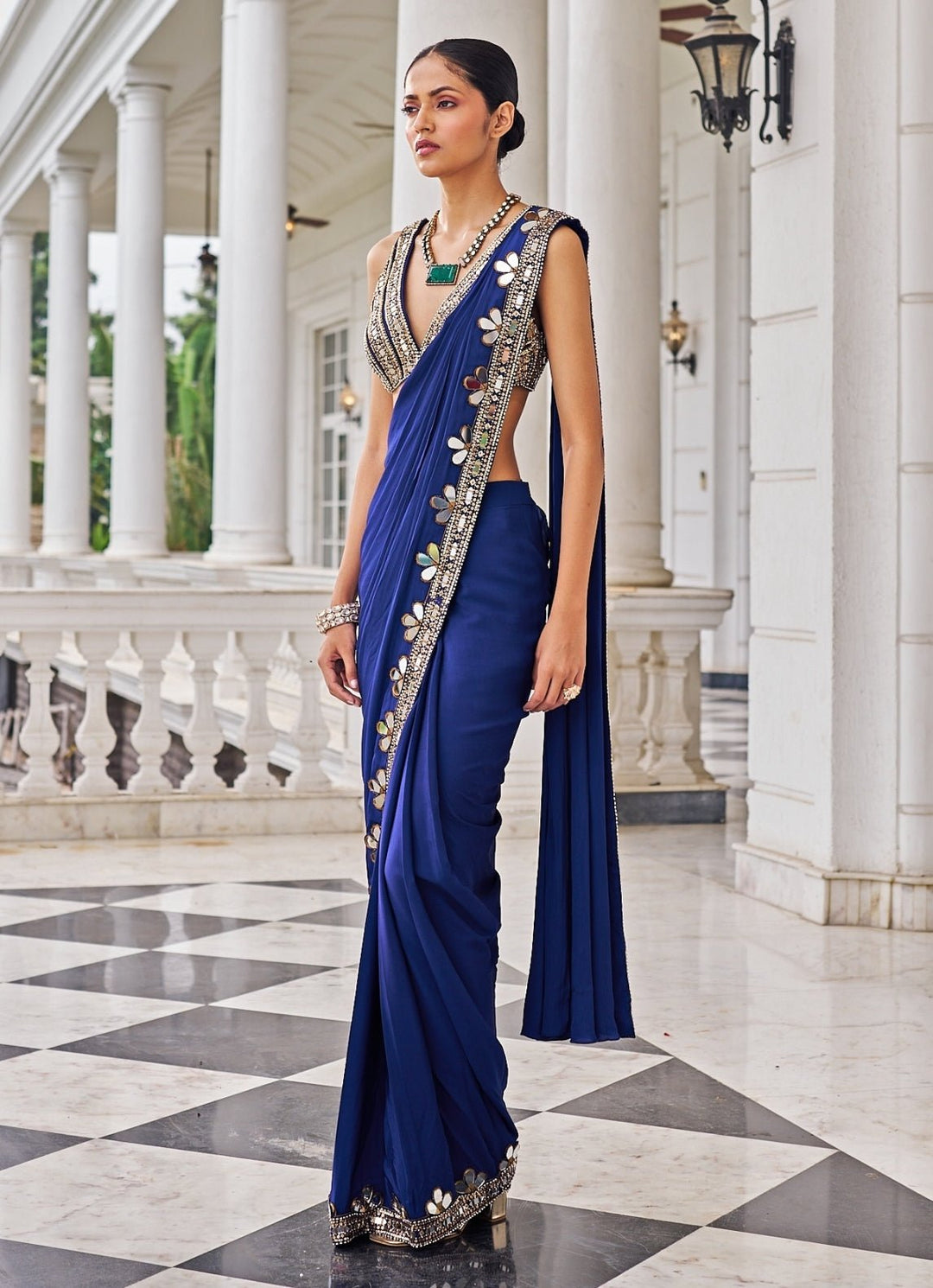 Royal Blue Mirrorwork Crepe Predraped Saree Set Nidhika Shekar - Fabilicious Fashion