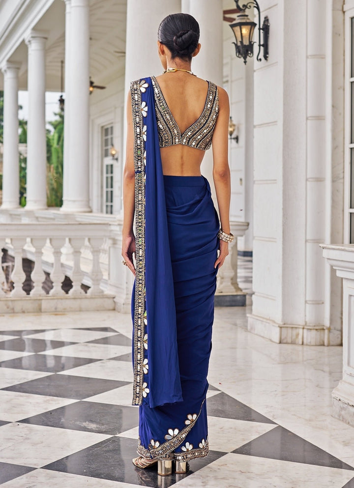 Royal Blue Mirrorwork Crepe Predraped Saree Set Nidhika Shekar - Fabilicious Fashion