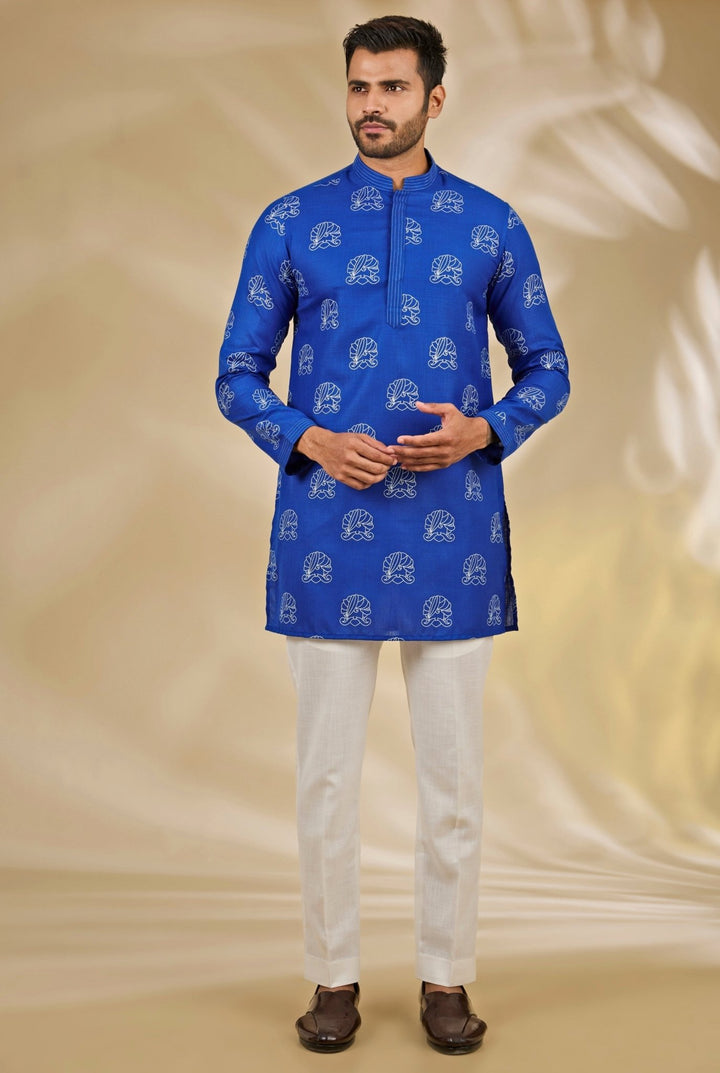 Royal Blue Printed Silk Kurta Set Manish Nagdeo - Fabilicious Fashion