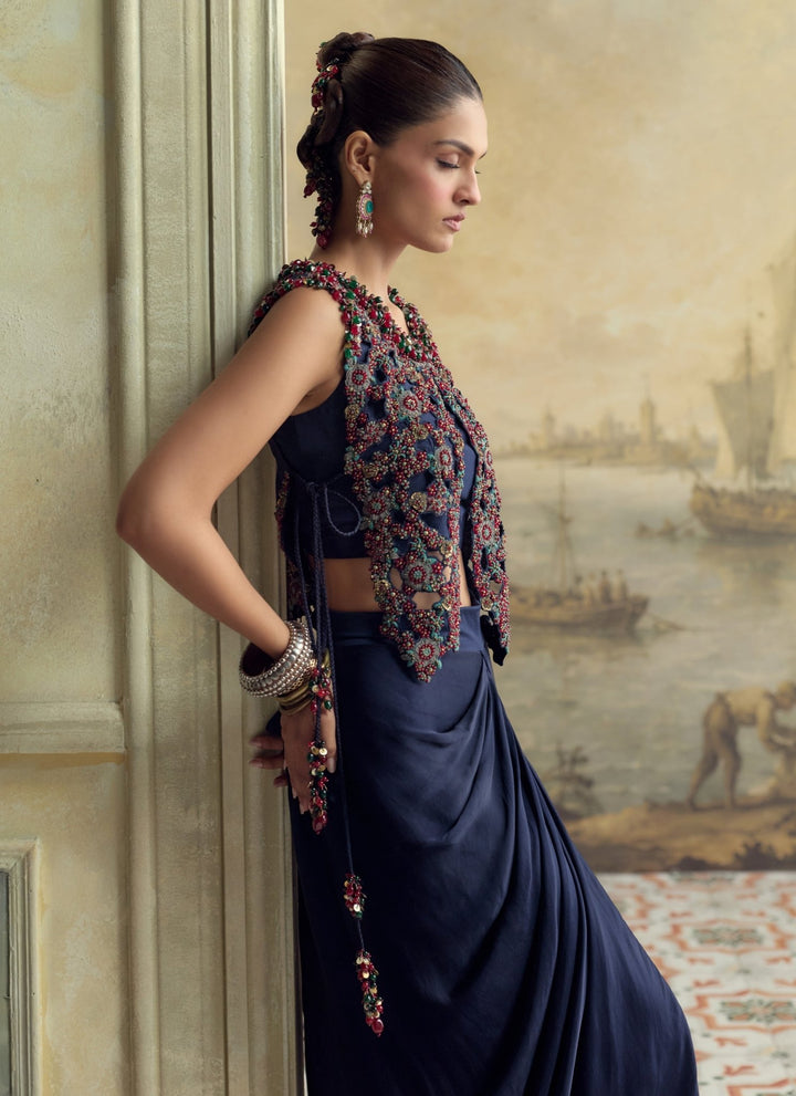 Prisho Royal Blue Satin Drape Skirt Set With Moti Cutwork GiletFabilicious Fashion