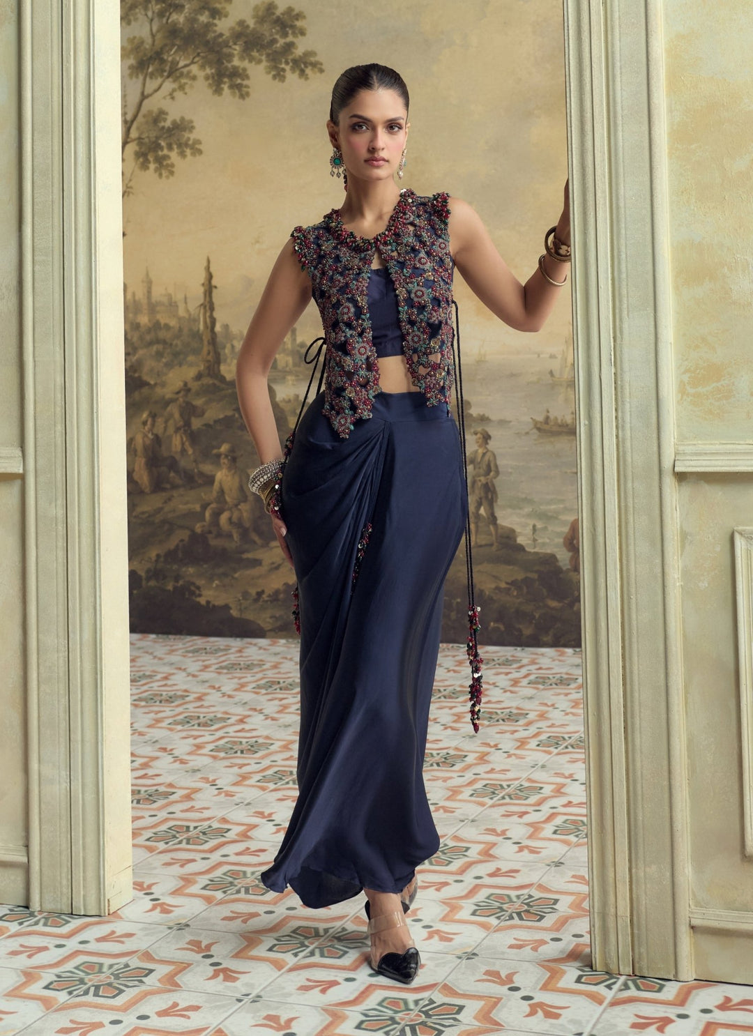 Prisho Royal Blue Satin Drape Skirt Set With Moti Cutwork GiletFabilicious Fashion